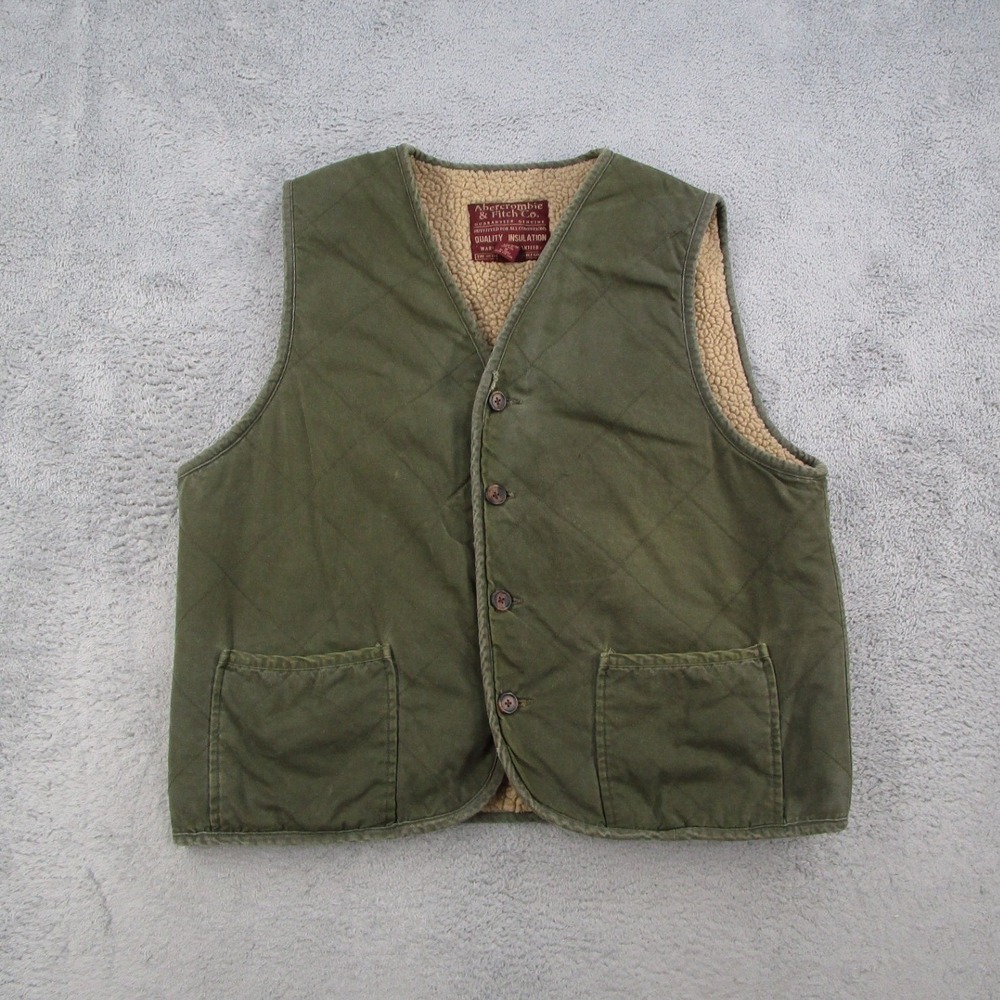 Abercrombie Fitch Mens Quilted Sherpa Lined Canvas Vest Olive Green Medium Y2K